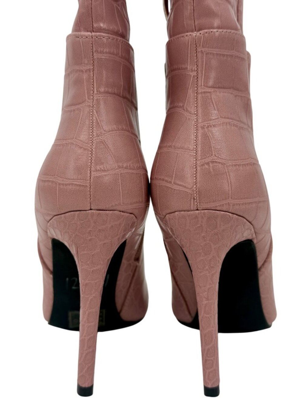 Guess Pink Vegan Croc Pointed Toe Knee High Stiletto Boots | Sexy Baddie Barbie - Picture 5 of 16